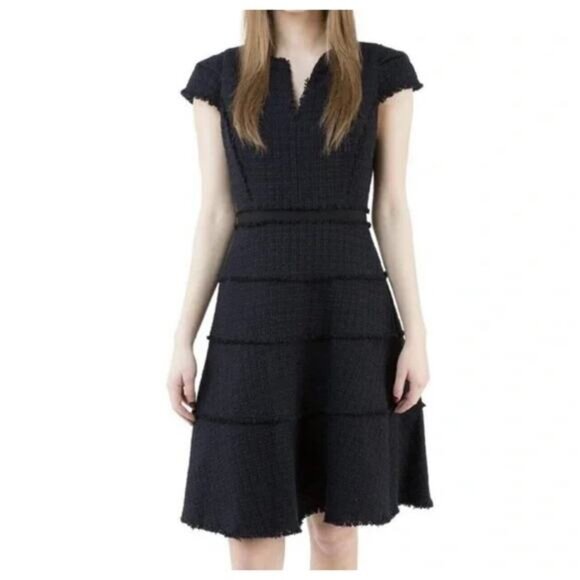 Rebecca Taylor Navy/Black Tiered Tweed Knit Fit & Flare Cap Sleeve Dress 4 - Picture 2 of 13